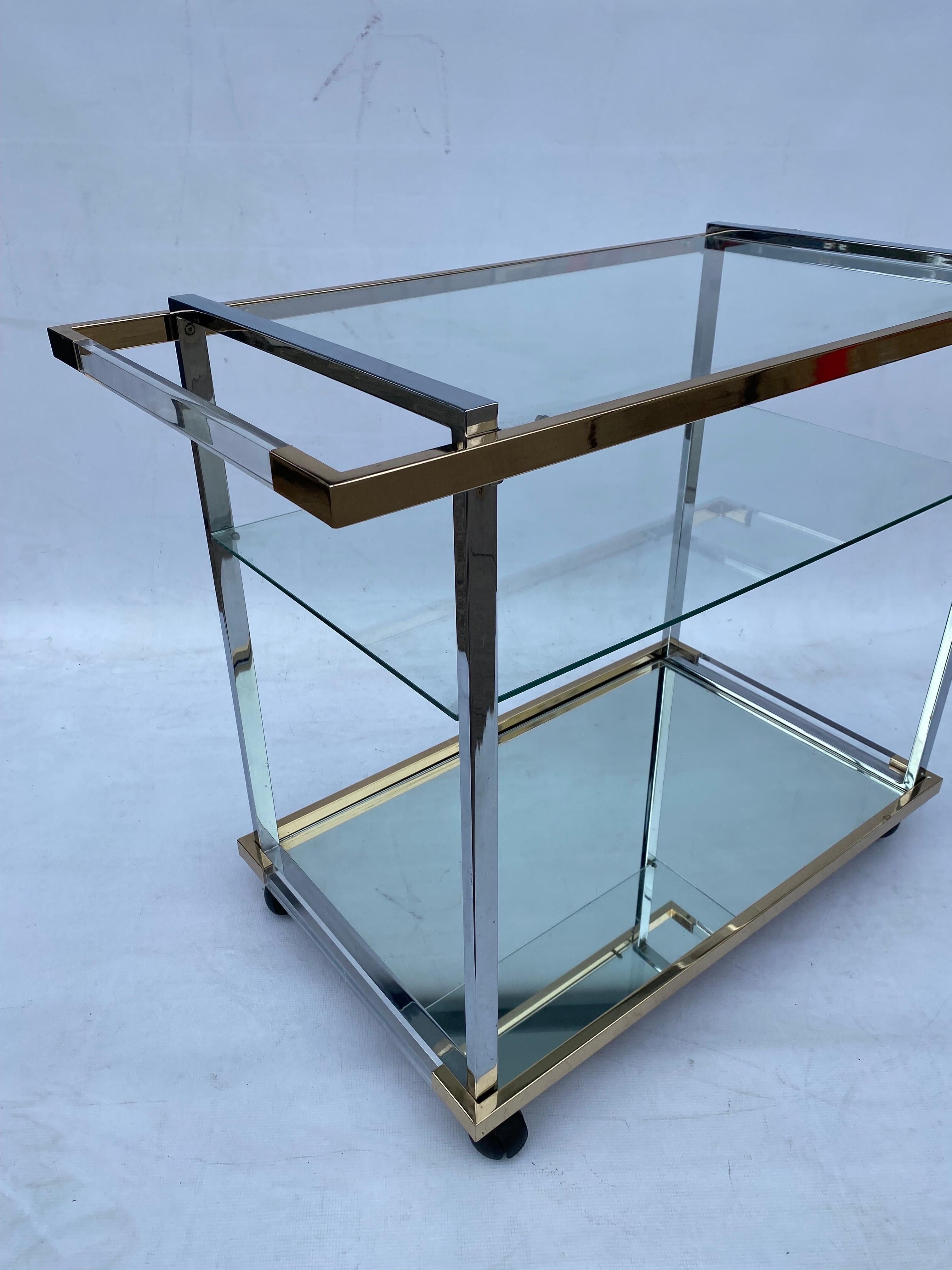 Romeo Rega Style Gold Plated Lucite Glass Bar Cart 1990s Hollywood Regency 1