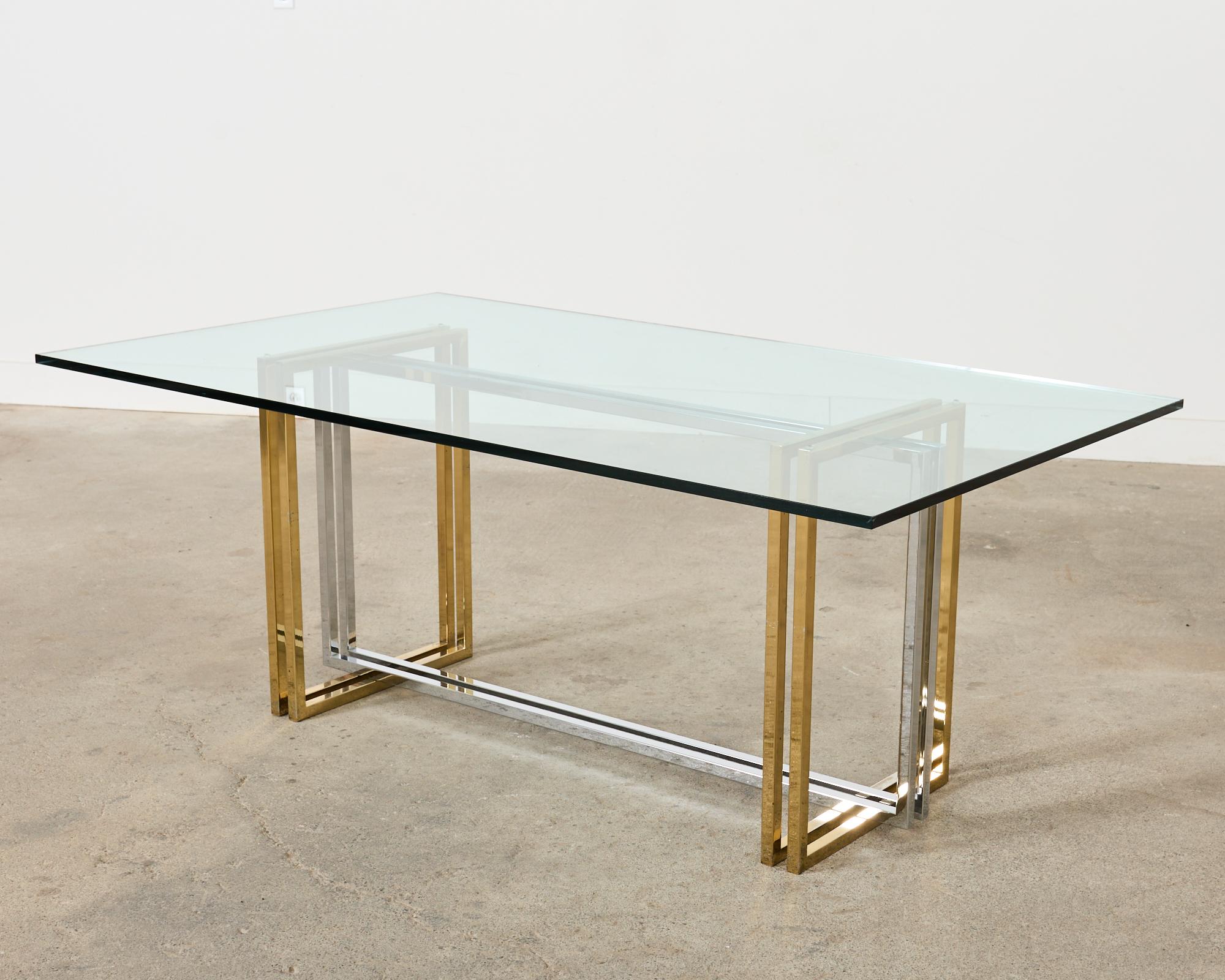 Romeo Rega Style Italian Brass Chrome Dining Trestle Table For Sale 7