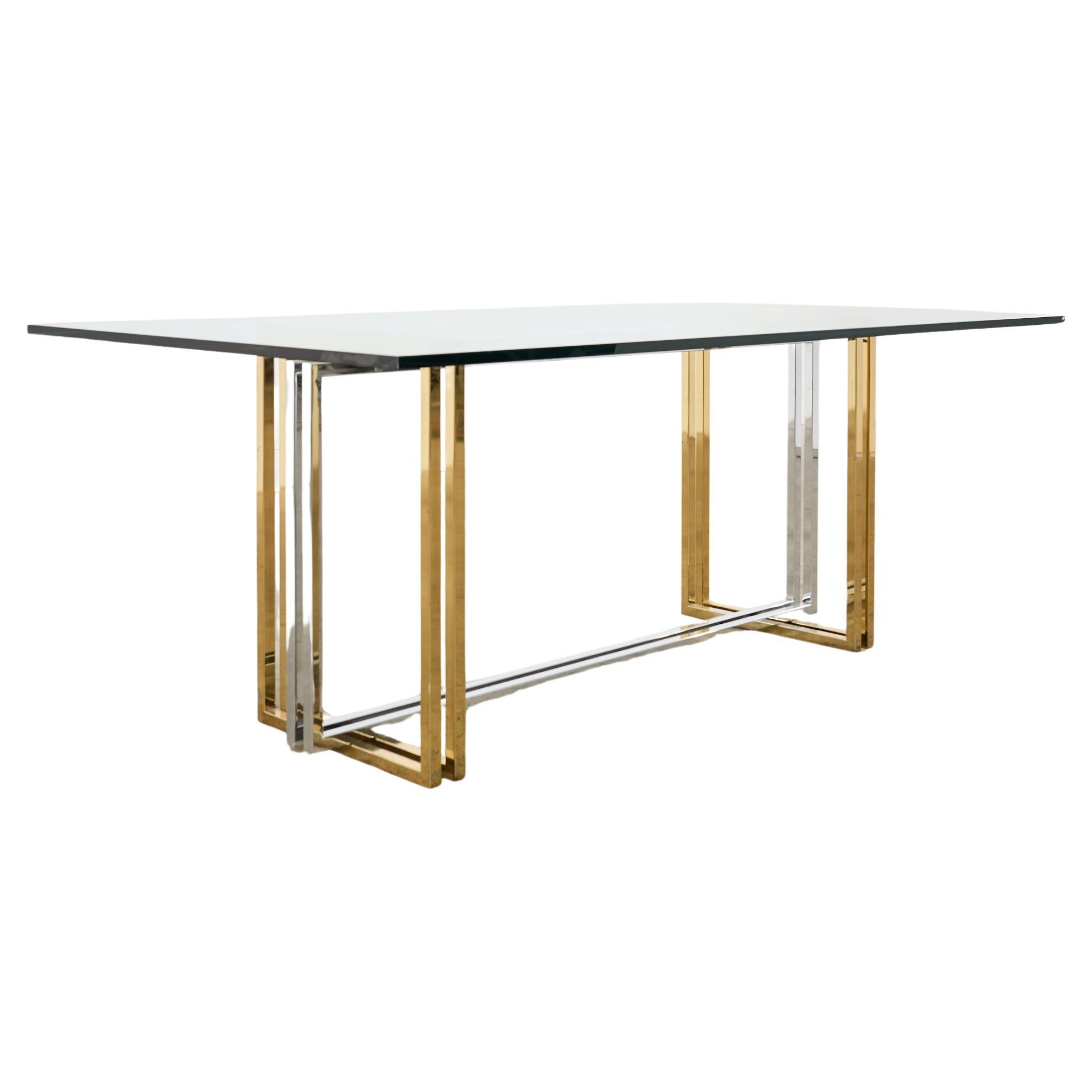 Romeo Rega Style Italian Brass Chrome Dining Trestle Table For Sale