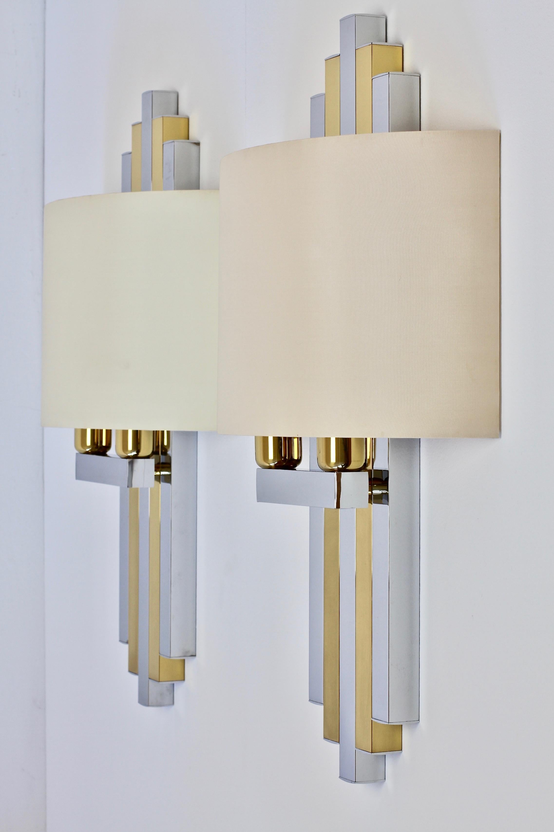 Plated Hollywood Regency Style Oversized Chrome & Brass 1980s Wall Lights or Sconces For Sale