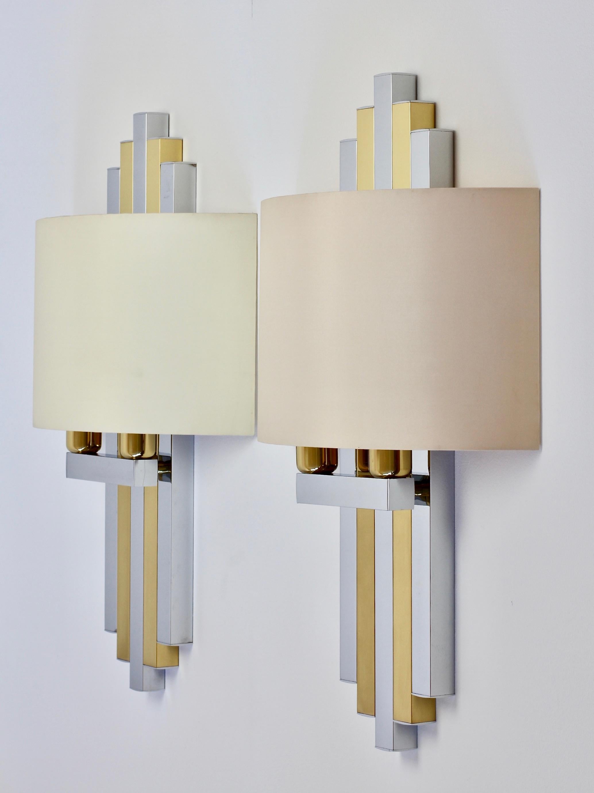 Late 20th Century Hollywood Regency Style Oversized Chrome & Brass 1980s Wall Lights or Sconces For Sale