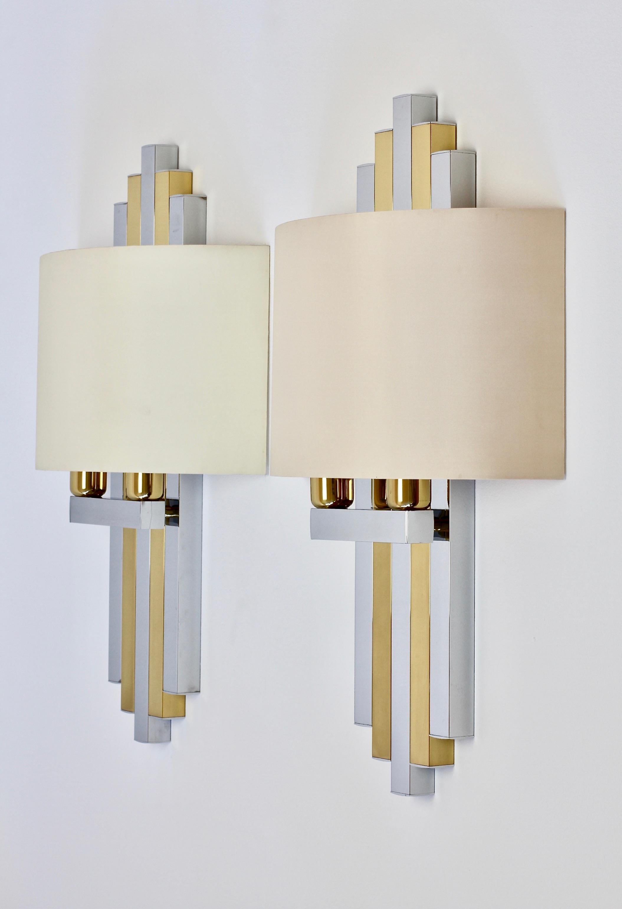 Hollywood Regency Style Oversized Chrome & Brass 1980s Wall Lights or Sconces For Sale 1