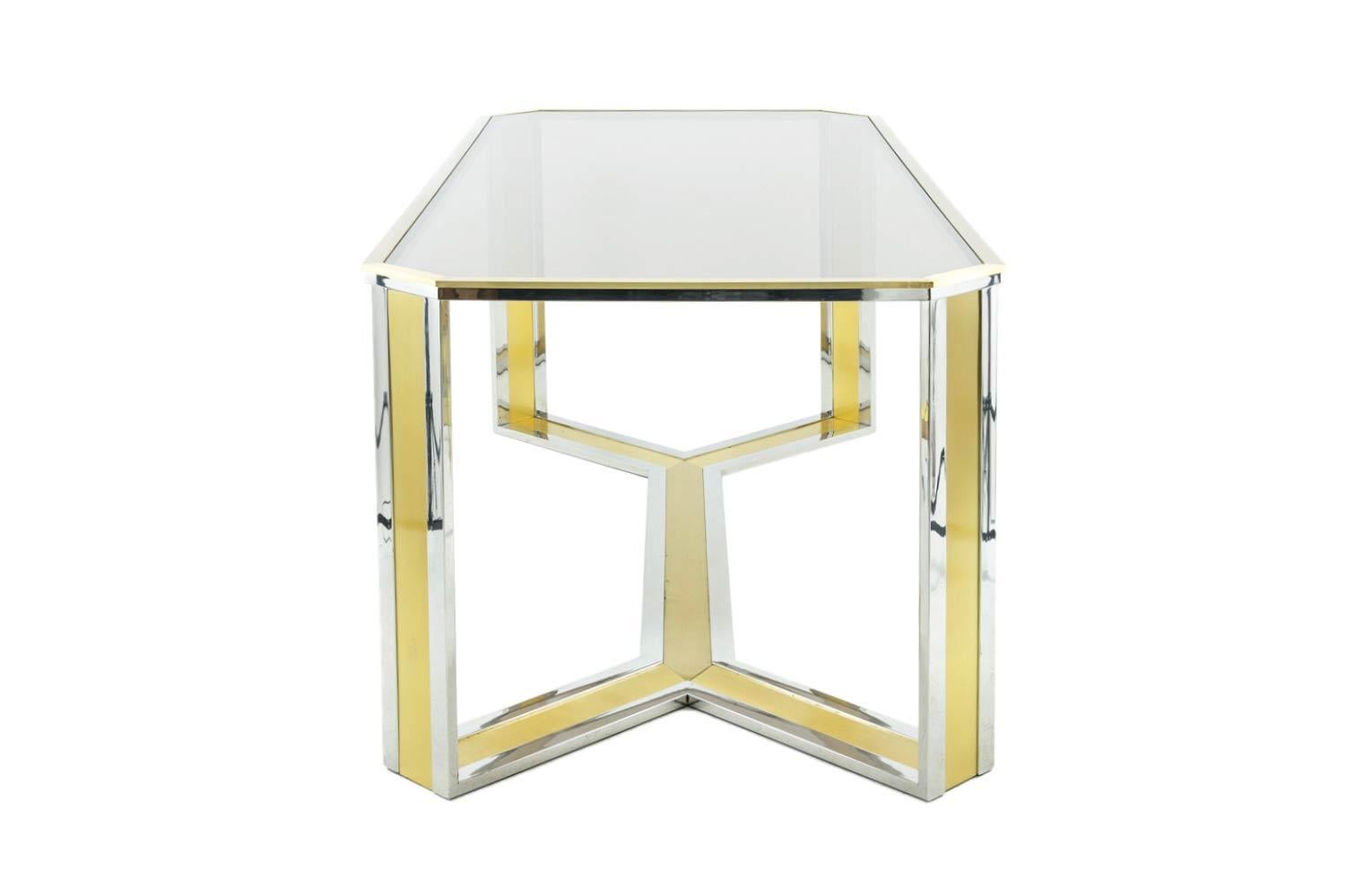 Post-Modern Romeo Rega Style Table in Chromed and Gilt Brass, Smoked Glass, 1970s