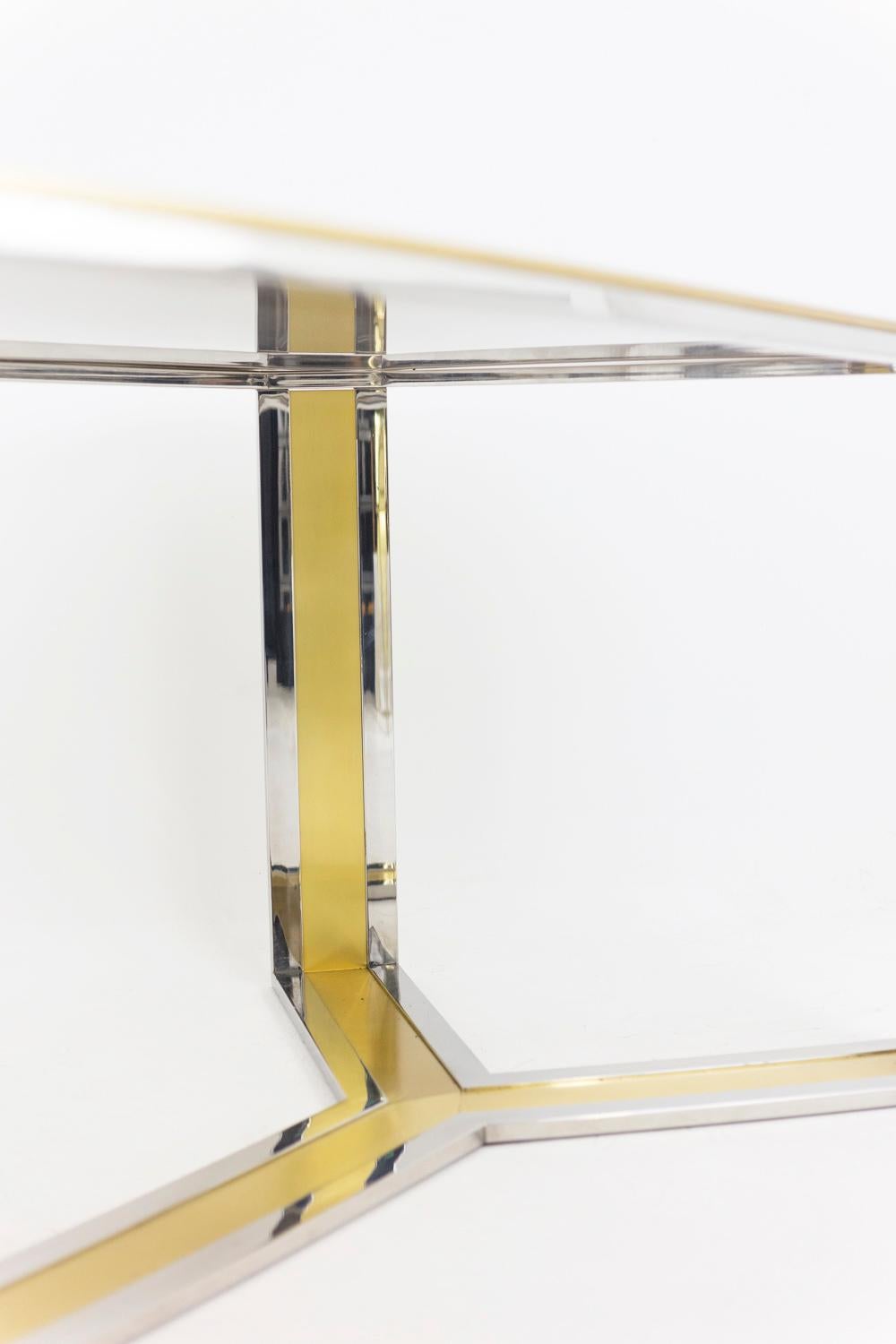 Italian Romeo Rega Style Table in Chromed and Gilt Brass, Smoked Glass, 1970s