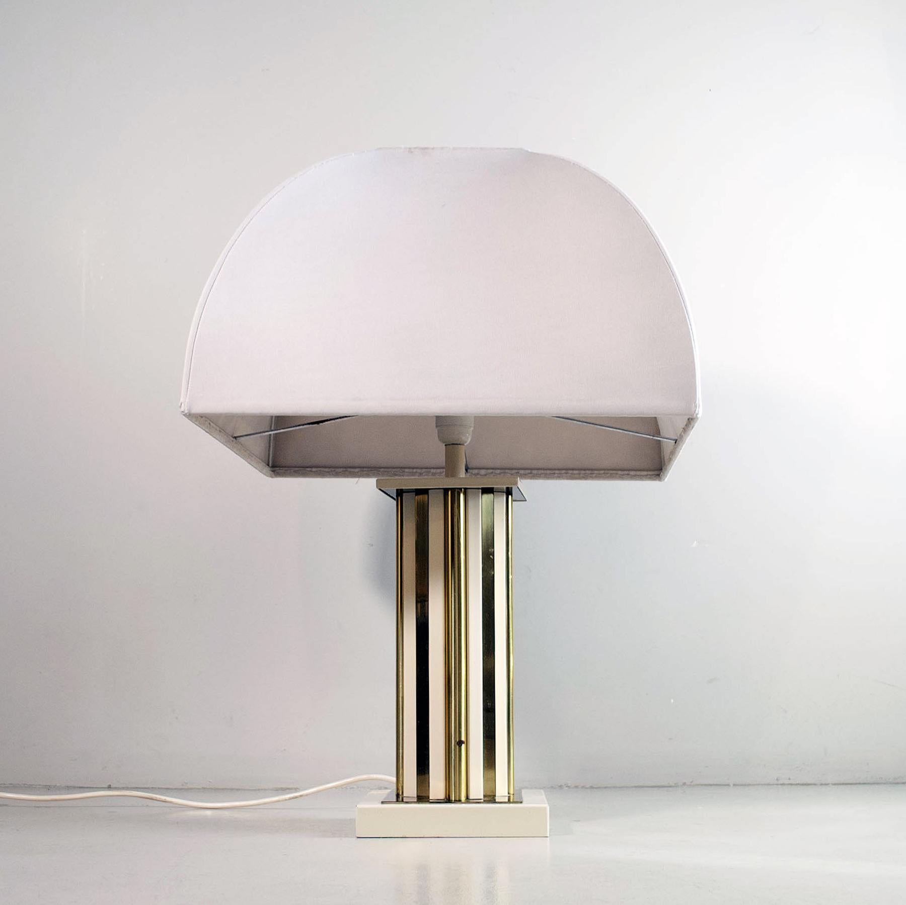 Brass and lacquered metal table lamp with fabric shade designer Romeo Rega late 1960s production (designer's engraved signature)