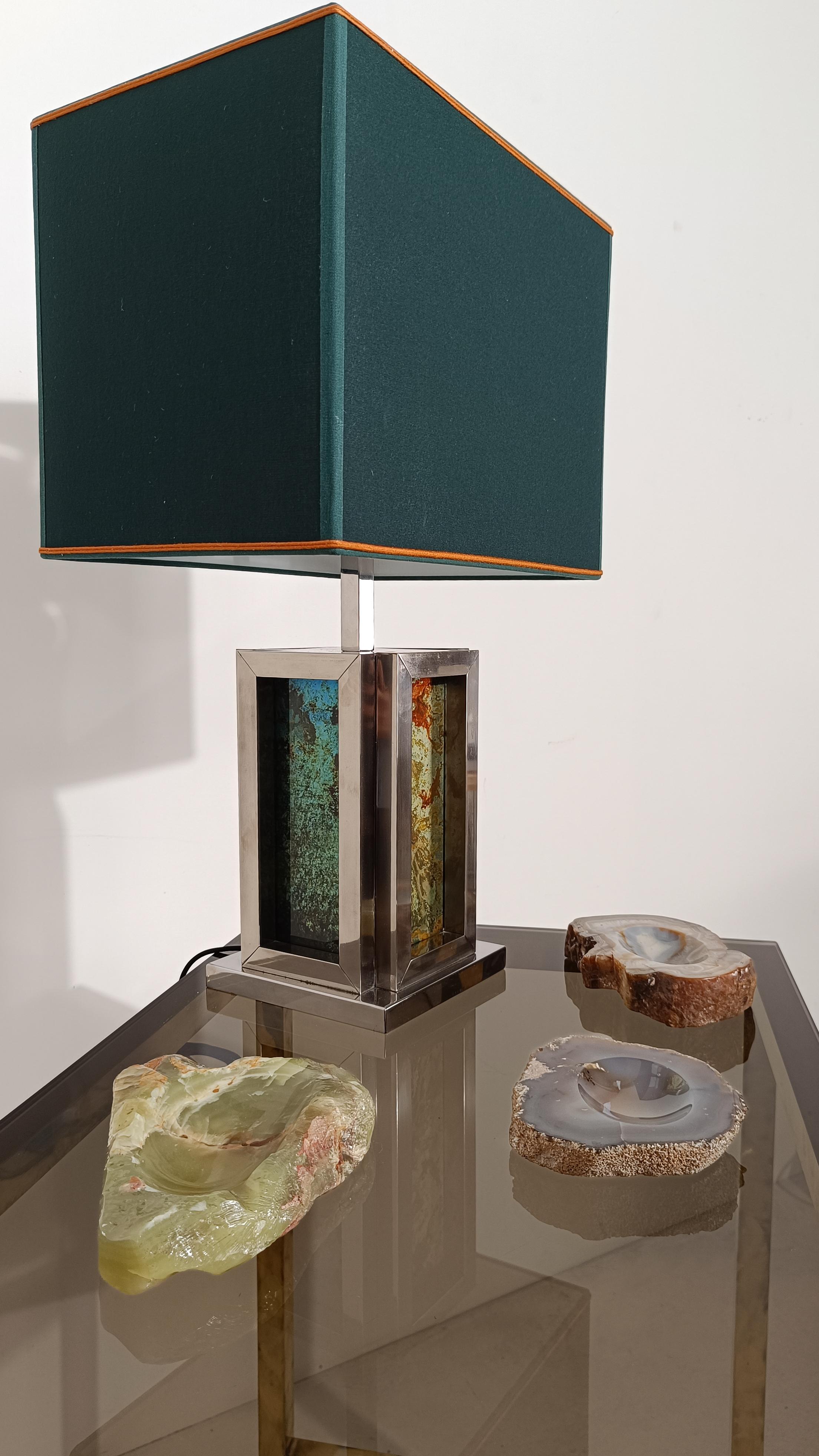 Italian Romeo Rega Table Lamp in Chrome and Lucite Faux Marble Lucite, Italy 1970s For Sale