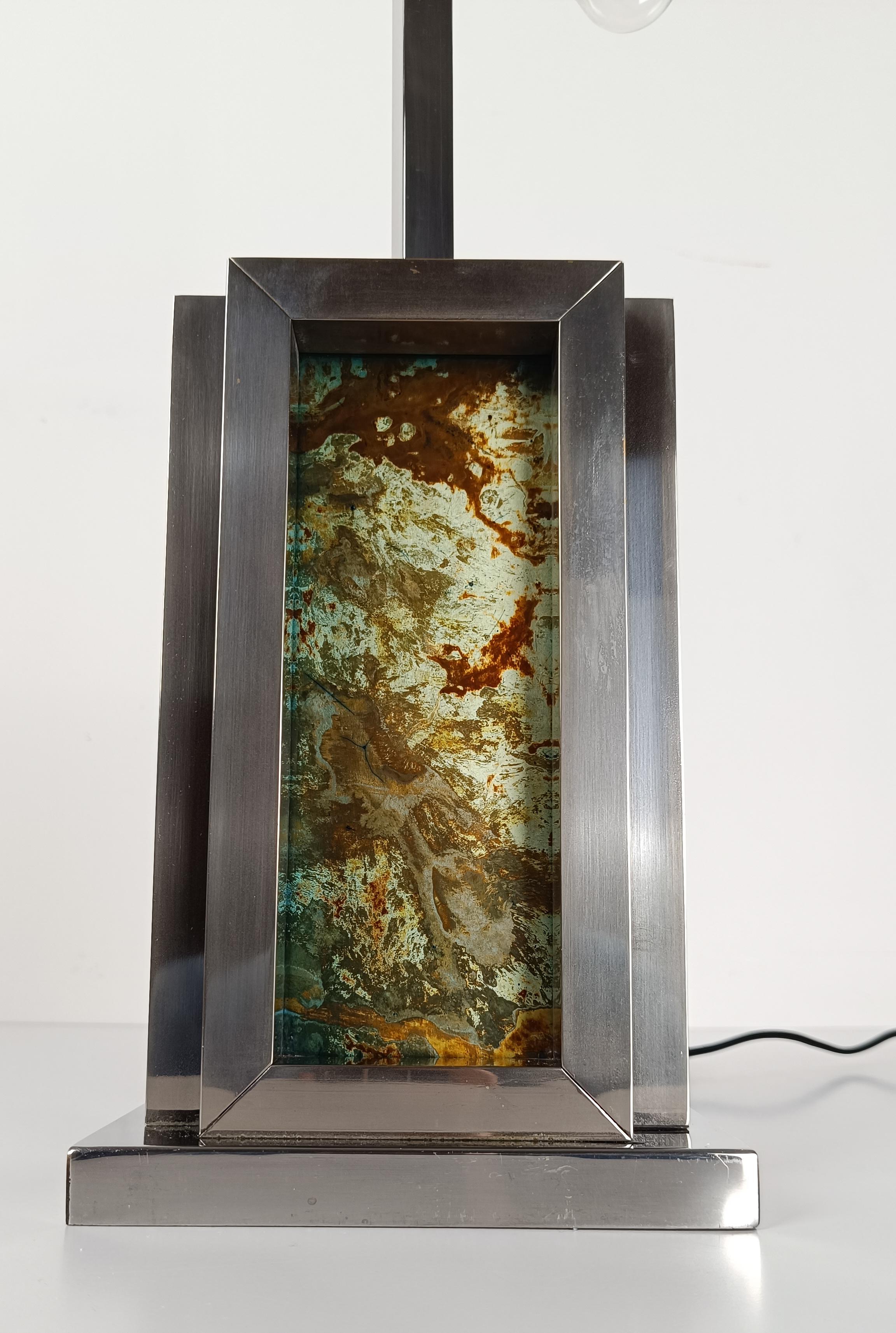 Brass Romeo Rega Table Lamp in Chrome and Lucite Faux Marble Lucite, Italy 1970s For Sale
