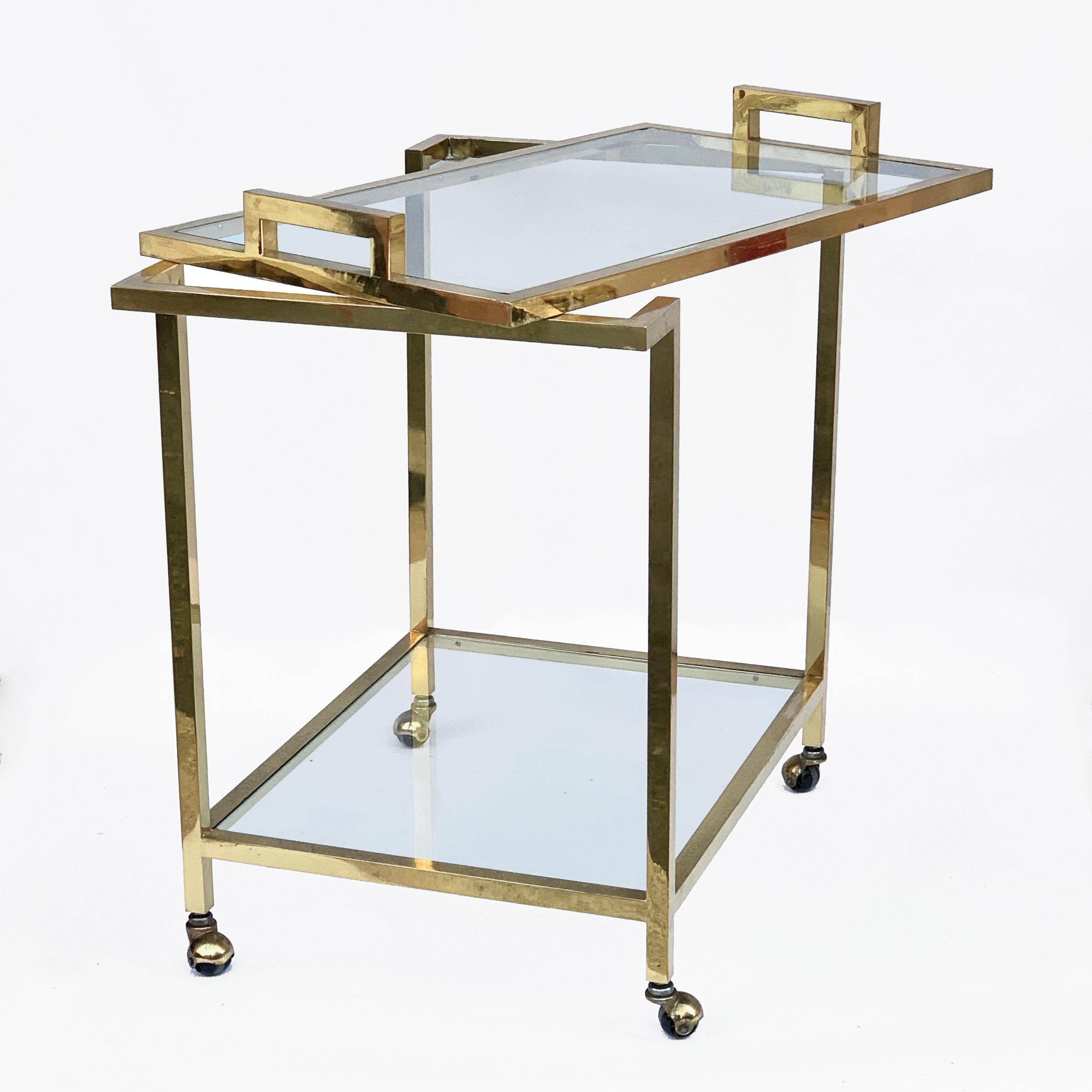 Romeo Rega style Trolley with Service Tray, Gilded Brass and Glass, Italy, 1980s For Sale 9