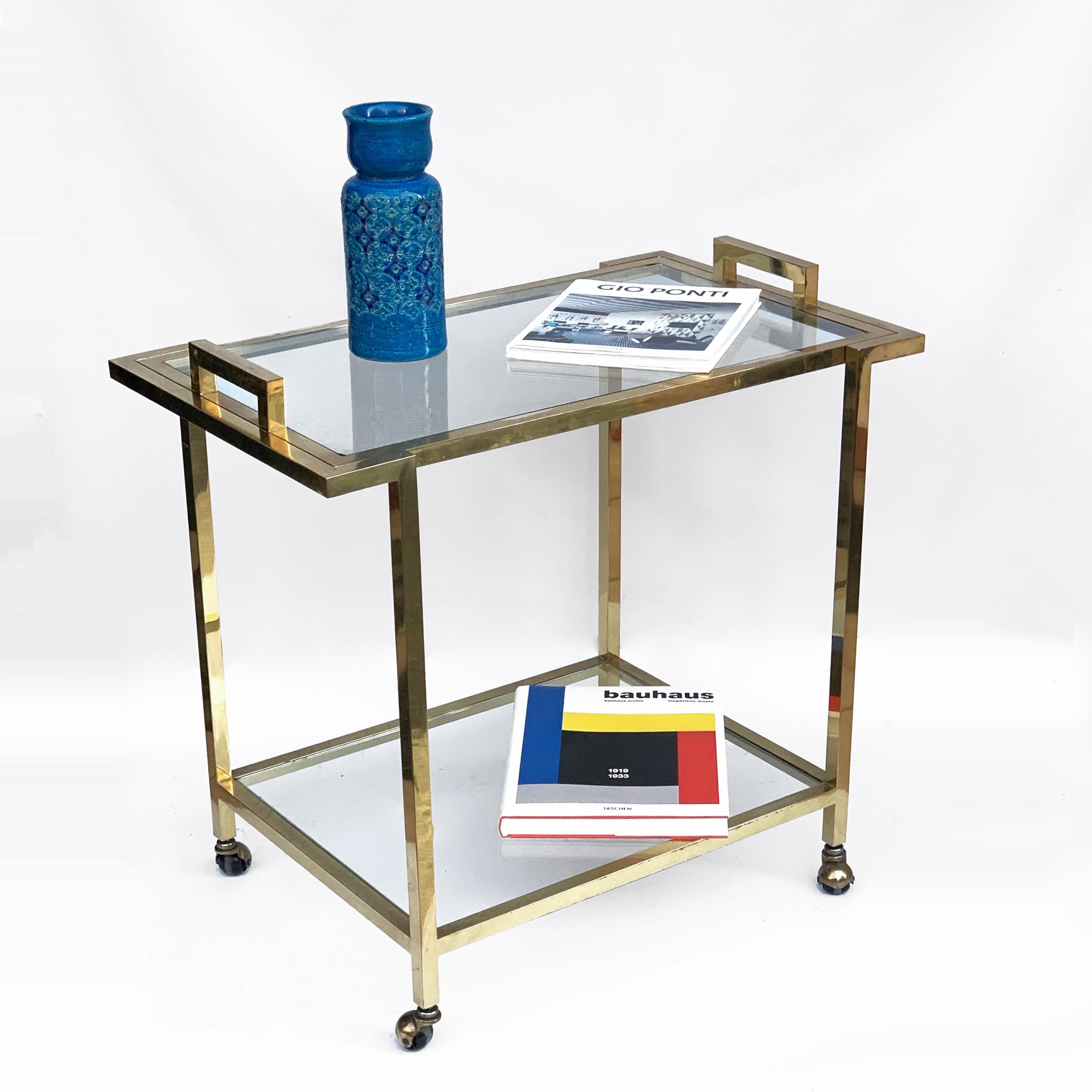 Romeo Rega style Trolley with Service Tray, Gilded Brass and Glass, Italy, 1980s In Good Condition For Sale In Roma, IT