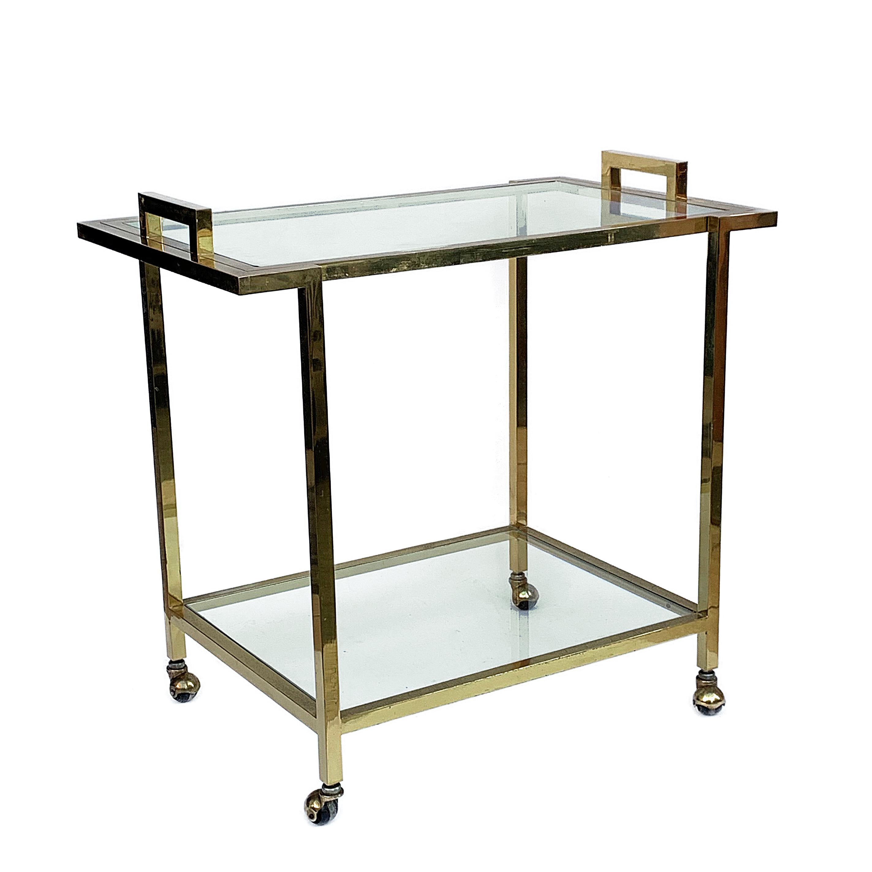 Late 20th Century Romeo Rega style Trolley with Service Tray, Gilded Brass and Glass, Italy, 1980s For Sale