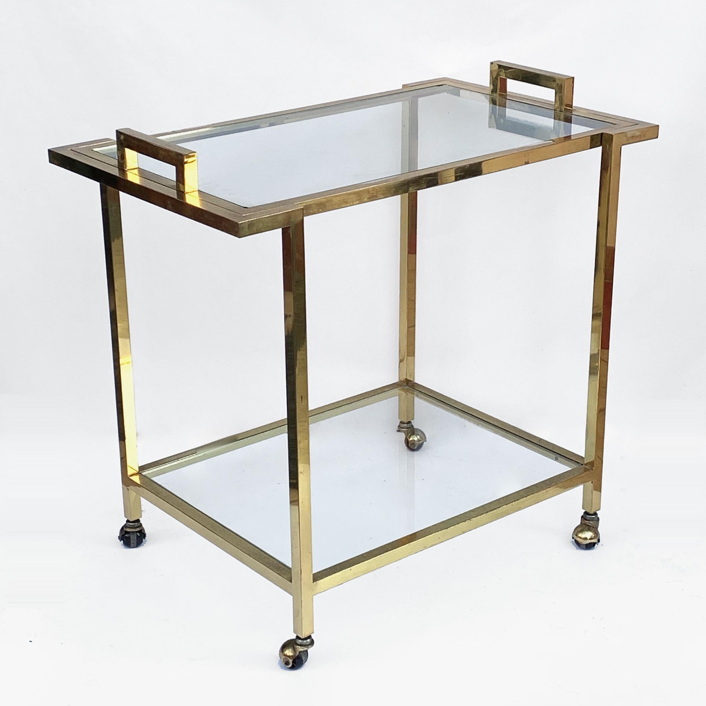 Romeo Rega style Trolley with Service Tray, Gilded Brass and Glass, Italy, 1980s For Sale 1
