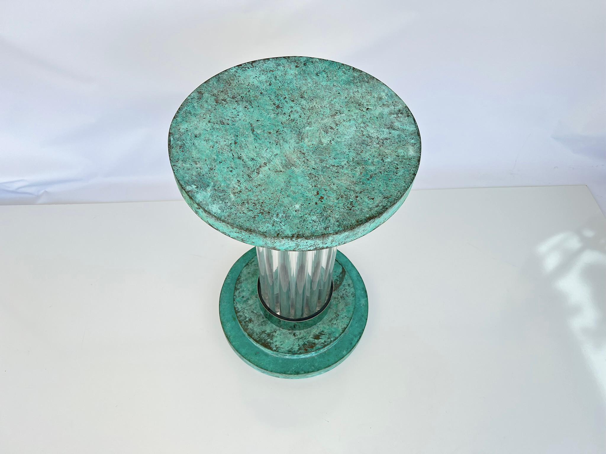 Romeo Rega Verdigris and Lucite Pedestal Table Base with Glass Top For Sale 4
