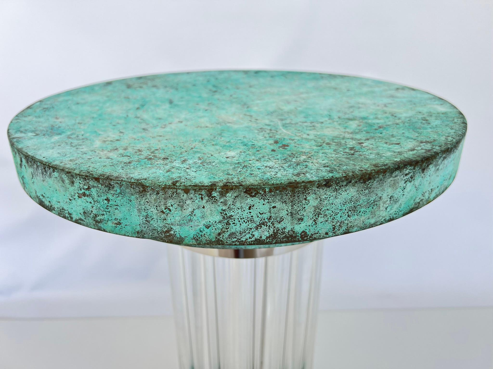 Romeo Rega Verdigris and Lucite Pedestal Table Base with Glass Top For Sale 5