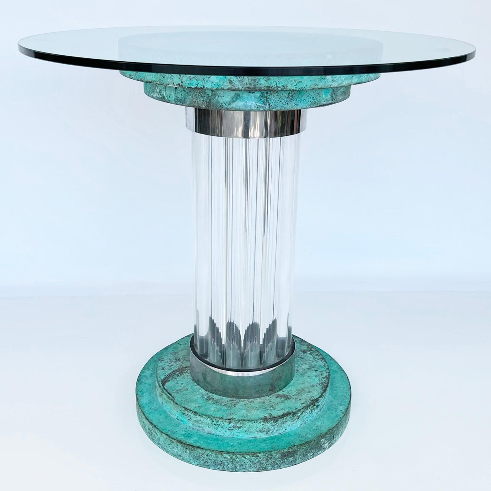 Mid-Century Modern Romeo Rega Verdigris and Lucite Pedestal Table Base with Glass Top For Sale