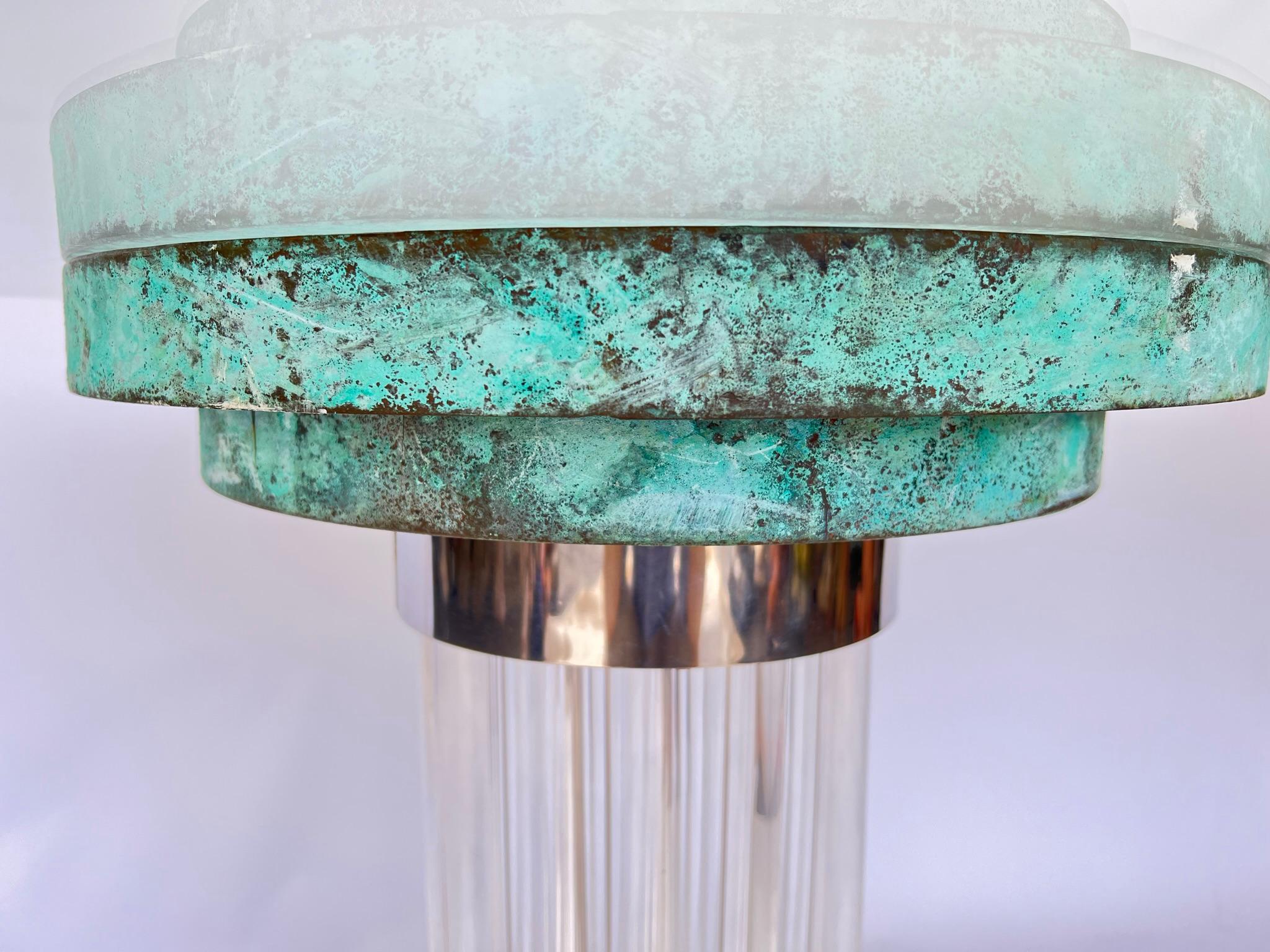 Romeo Rega Verdigris and Lucite Pedestal Table Base with Glass Top In Good Condition For Sale In West Palm Beach, FL