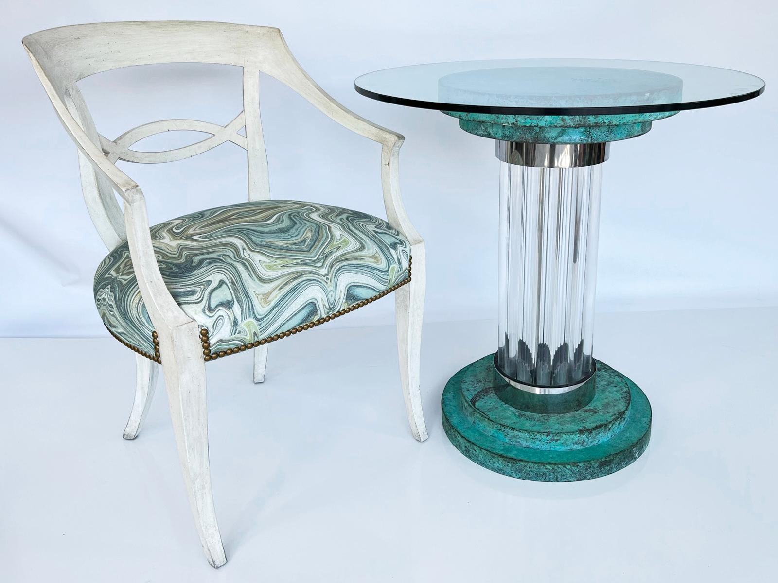 Romeo Rega Verdigris and Lucite Pedestal Table Base with Glass Top For Sale 3
