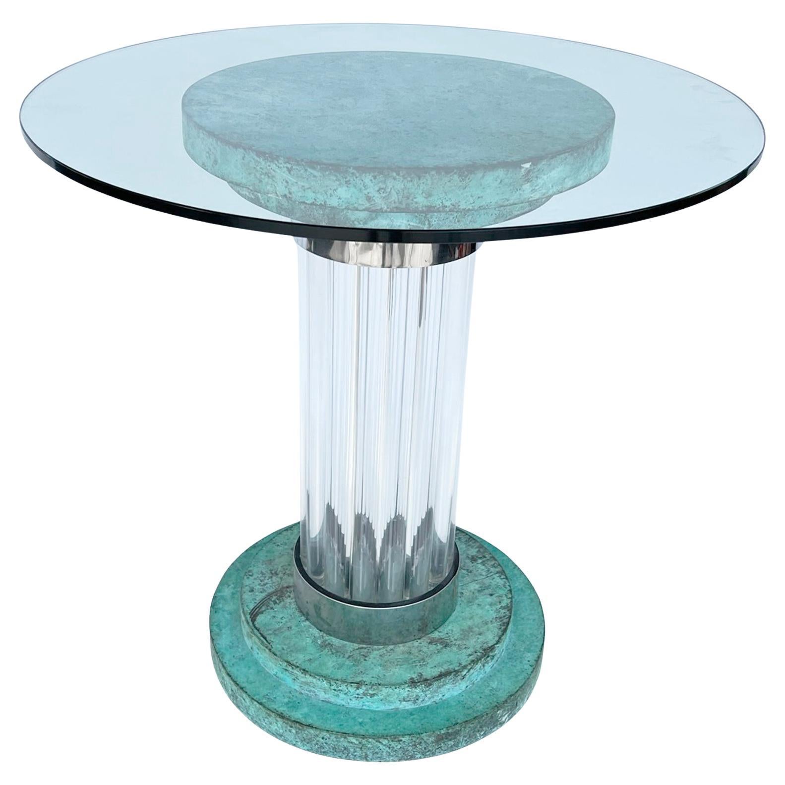 Romeo Rega Verdigris and Lucite Pedestal Table Base with Glass Top