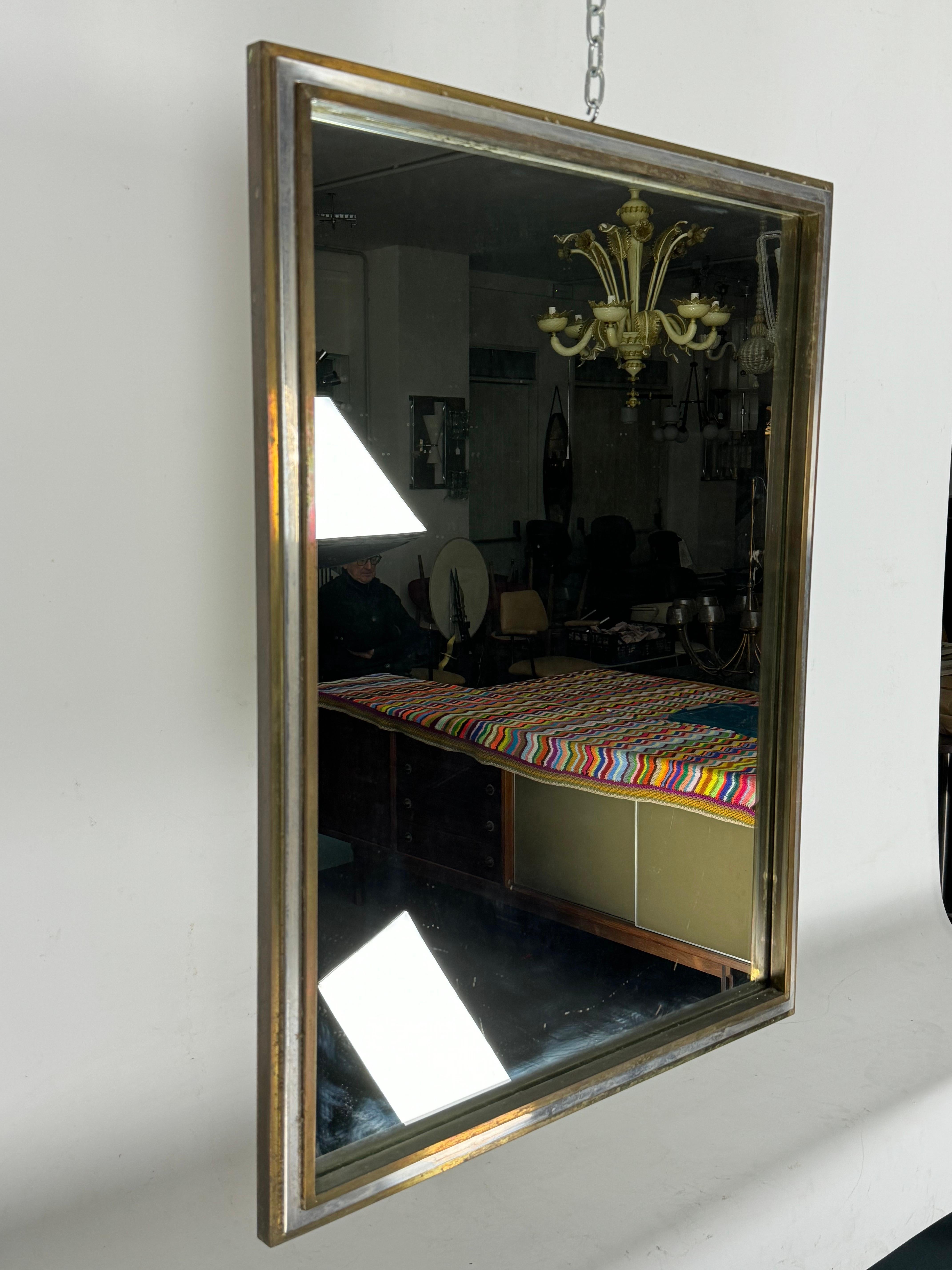 Italian Romeo Rega, vintage mirror with double brass frame and chrome. Italy 1970s For Sale