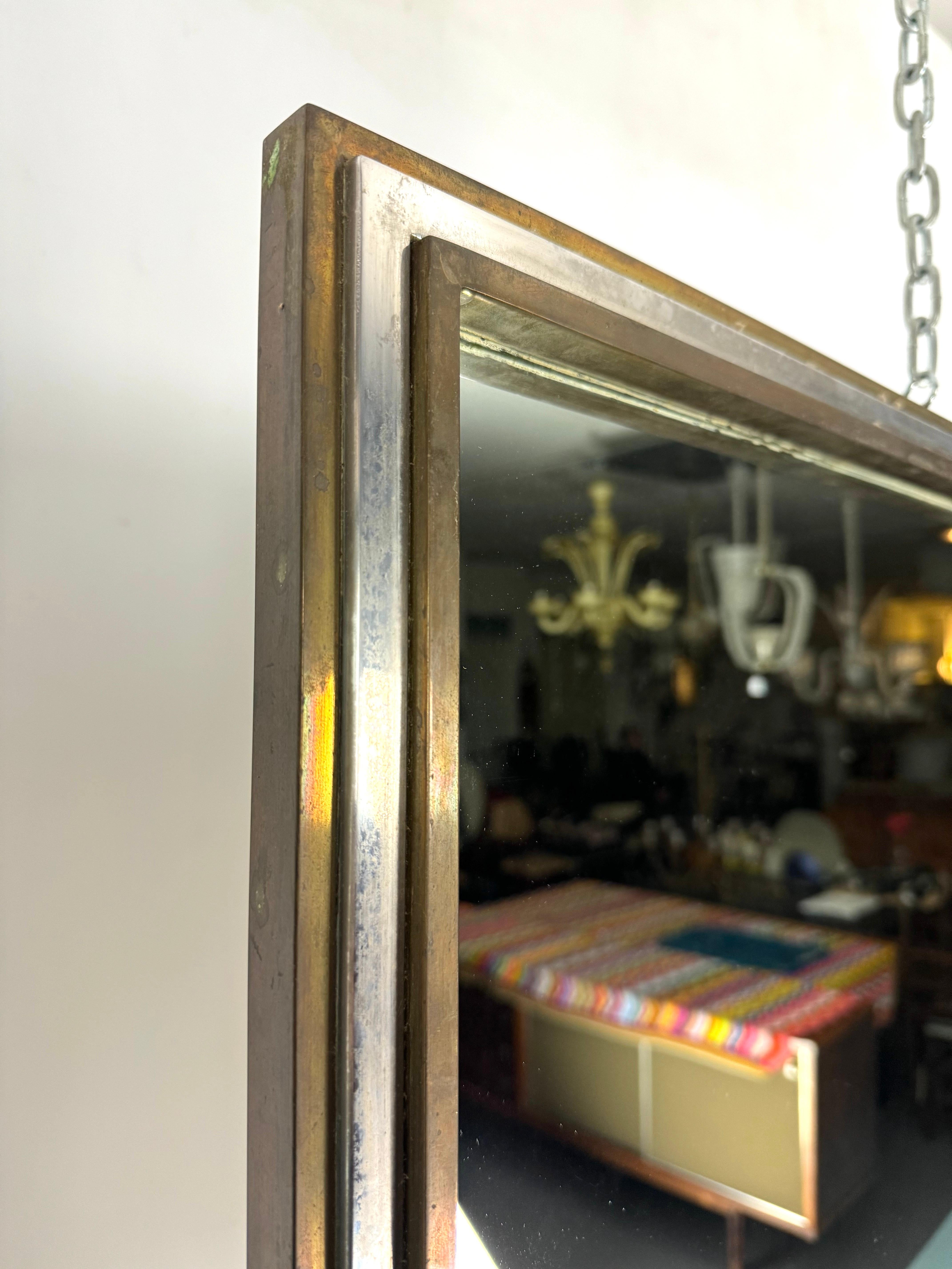 Brass Romeo Rega, vintage mirror with double brass frame and chrome. Italy 1970s For Sale
