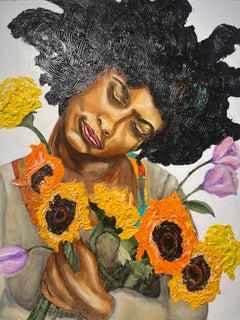"Take Five" portrait of a young woman holding sunflowers, serene, textured