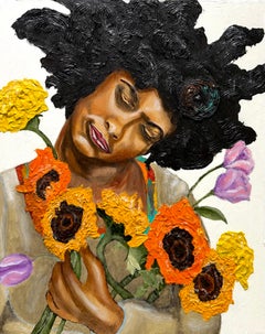 "Take Five" portrait of a young woman holding sunflowers, serene, textured