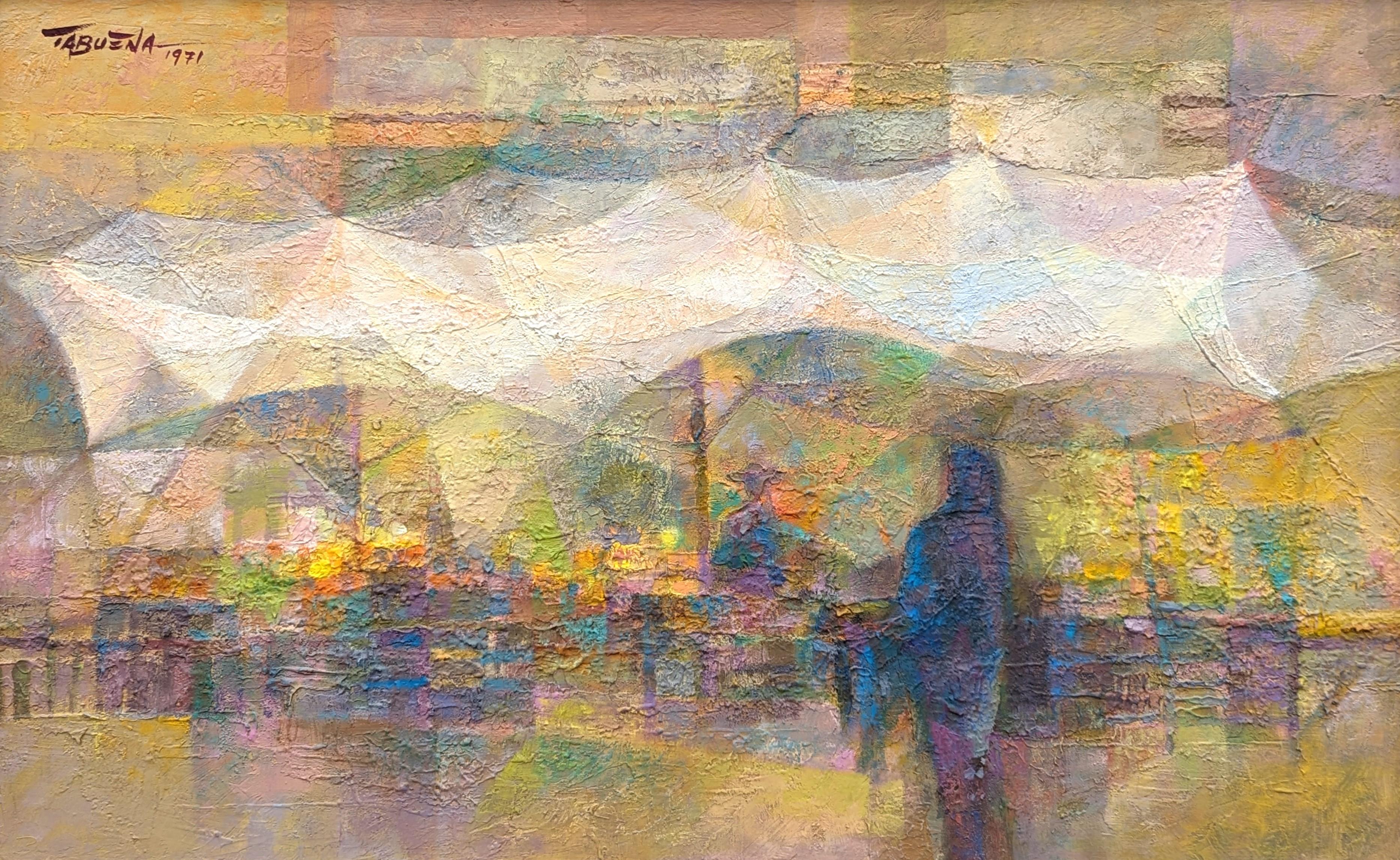 Modern abstract pastel toned street scene by Philippine-born artist Romeo Tabuena. The work features a street scene with shadow figures browsing under a white tarp. Signed and dated in the front upper left corner. Currently hung in a grey toned