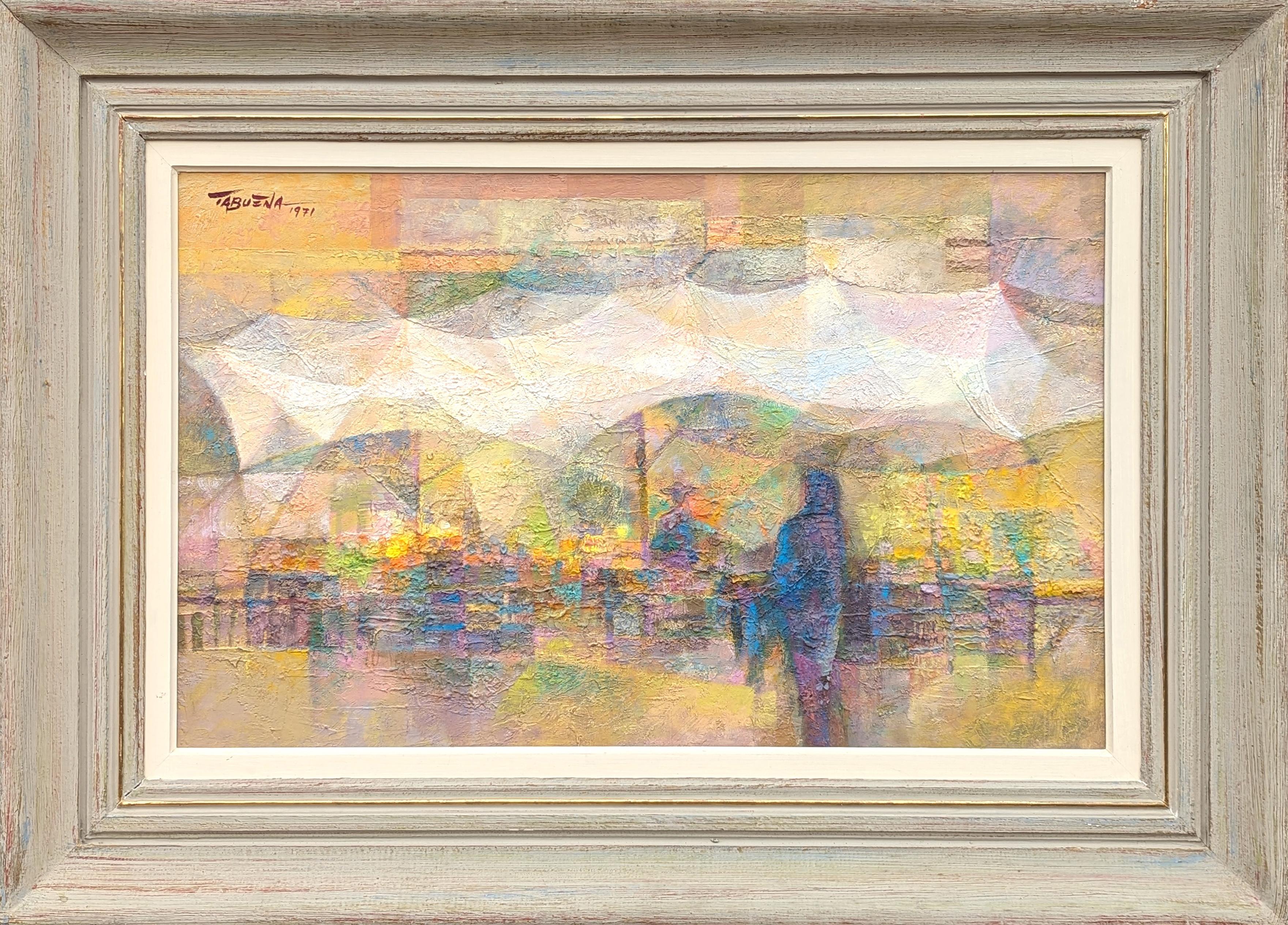 Romeo Tabuena Landscape Painting - "Market Tents" Modern Abstract Pastel Toned Cubist Style Street Scene