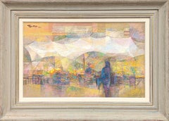 Vintage "Market Tents" Modern Abstract Pastel Toned Cubist Style Street Scene