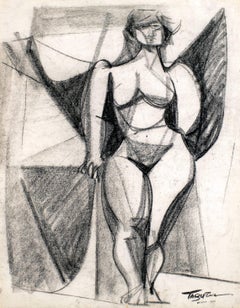 Nude, Charcoal on Paper, Modern Art, Mexico.