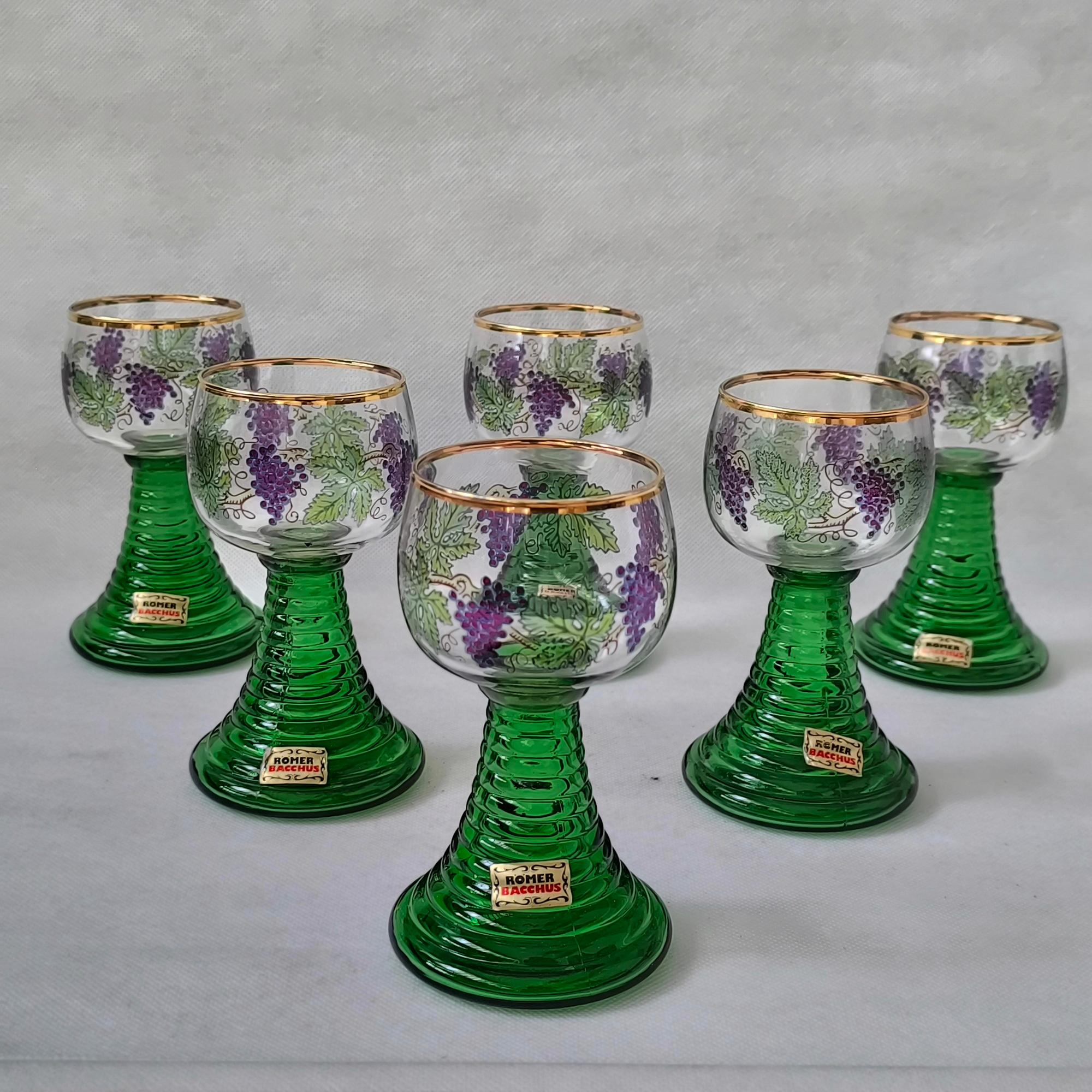 Römer Bacchus Wine Aperitif Glasses (Set of 6).
Hand-Painted German Design with Original Manufacturer Labels.
Height ~ 16 cm.
A stunning set of six Römer Bacchus wine aperitif glasses - an embodiment of old-world charm and artisanal precision. These