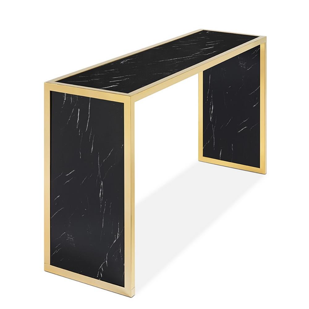 Console table Romer black with steel structure in
polished gold finish, with marble black top and with
marble black sides.