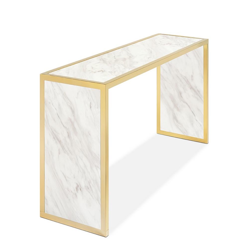 Console table Romer white with steel structure in
polished gold finish, with marble white top and with
marble white sides.