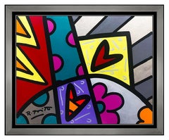 Romero Britto Original Acrylic Painting On Board Signed Pop Art Framed Heart SBO