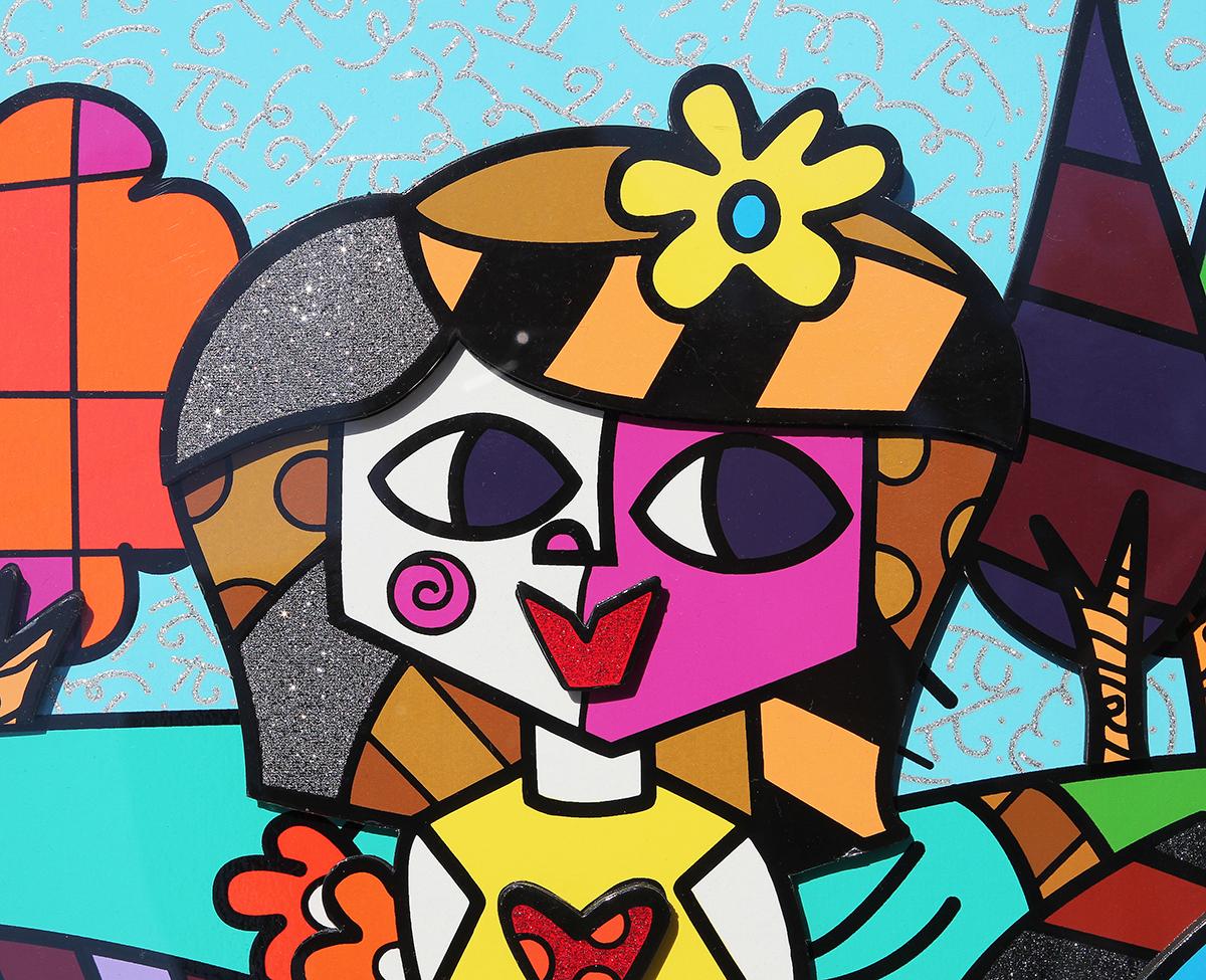 Colorful abstract three dimensional illustration of a girl and a dog by Brazilian artist Romero Britto. This illustration takes after a typical children's drawing that is comprised of a figure, an animal, with a mountain, sun, and house in the