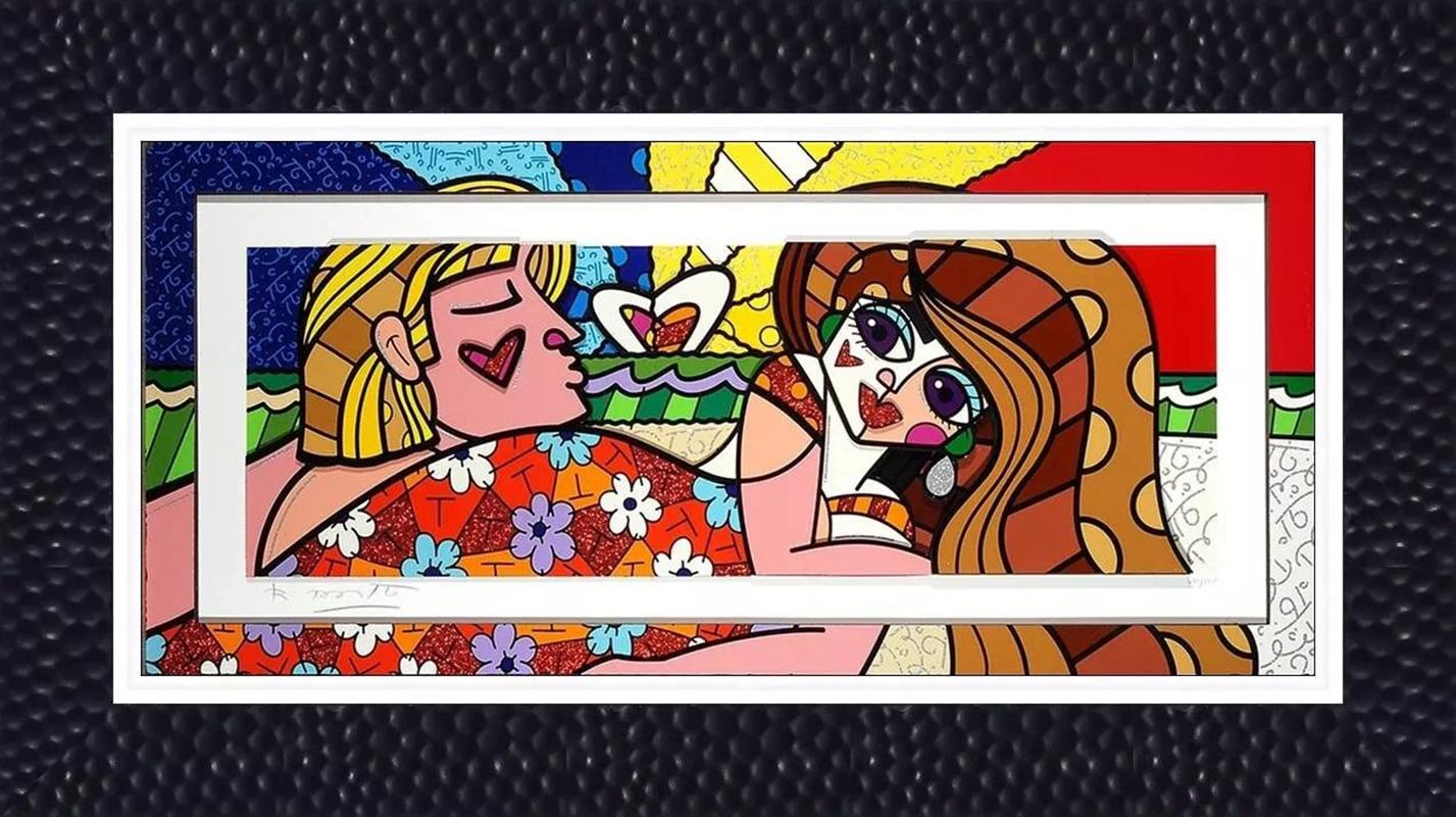 Romero Britto 'Couple on Beach - 2020' 3d Sculptograph with diamont dust, signed 1