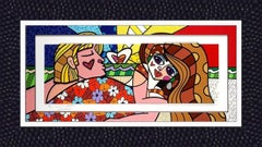 Romero Britto 'Couple on Beach - 2020' 3d Sculptograph with diamont dust, signed
