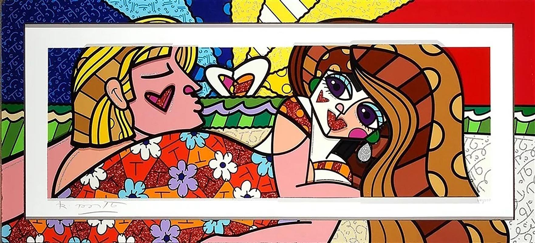 Romero Britto 'Couple on Beach - 2020' 3d Sculptograph with diamont dust, signed 2