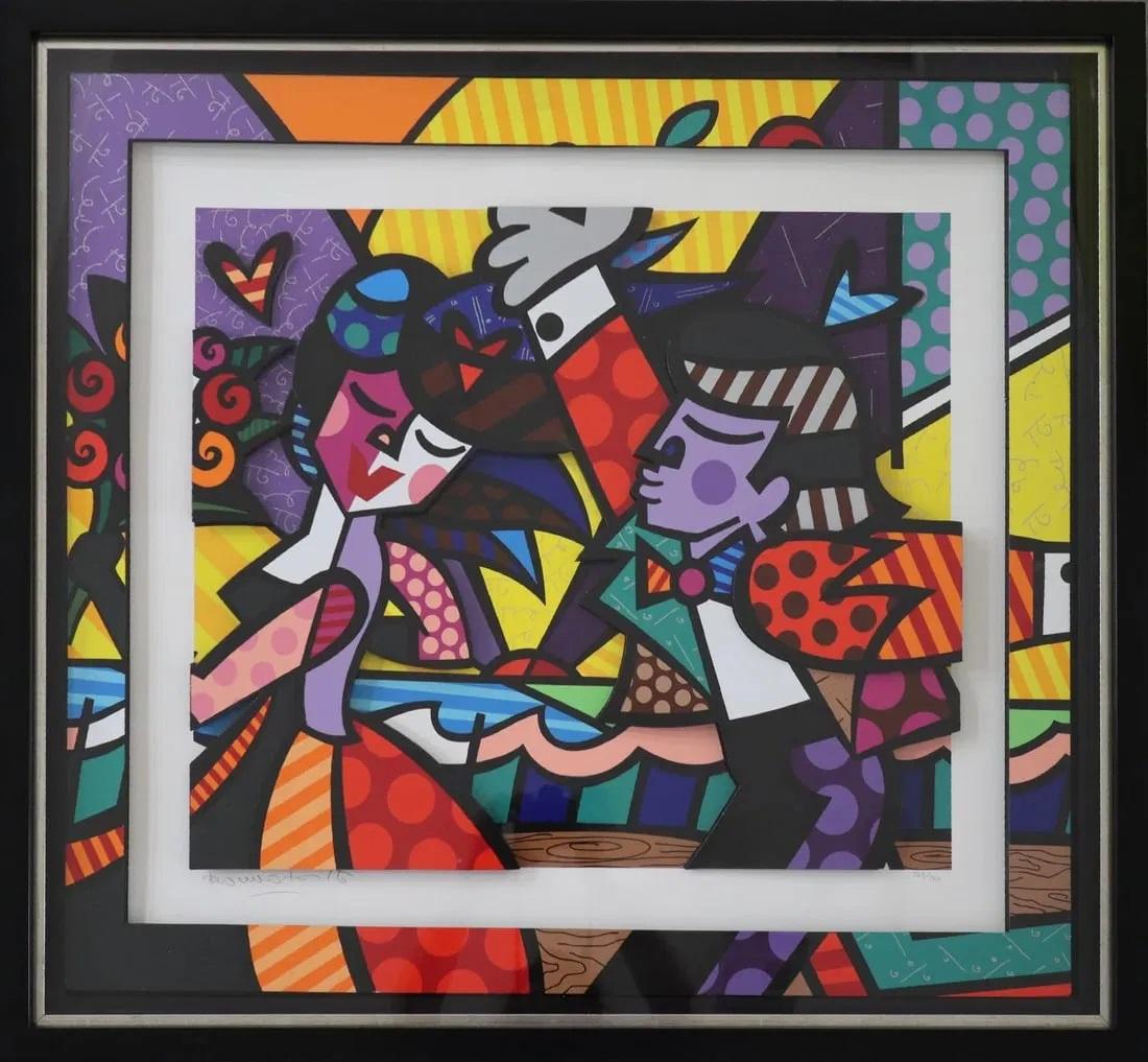 Artist- Romero Britto
Title: "Follow Me"
Year: 2006
Edition: 723/750
Signed & numbered in pencil by the artist.
Medium: 3d Serigraph Construction With Cut outs
Aproximate Size: Image size: 20 x  24 inches 
Condition Report - FRAME COMES AS IS, still