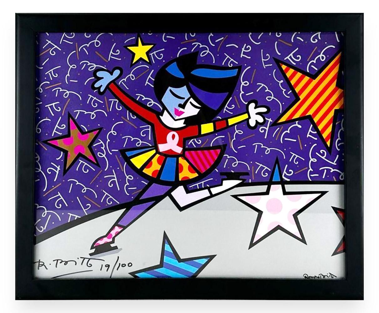 Romero Britto 
"Golden Moment Ice Skater". 
Screenprint on paper
Signed lower left R. Britto & numbered 19/100. 
Approx: 16" x 19" in.
Condition: In excellent condition

Romero Britto Brazilian Artist: Britto's work captures the attention of both