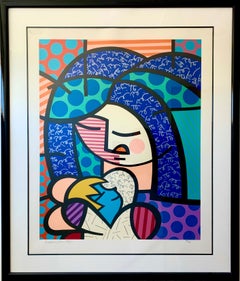 Romero Britto:: „Mutter und Kind“:: großer Seidenschirm auf Papier