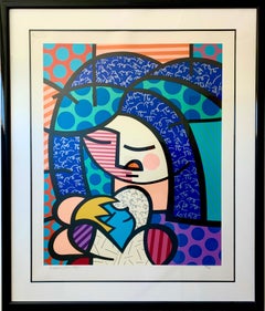 Used Romero Britto, "Mother and Child", large silk screen on paper