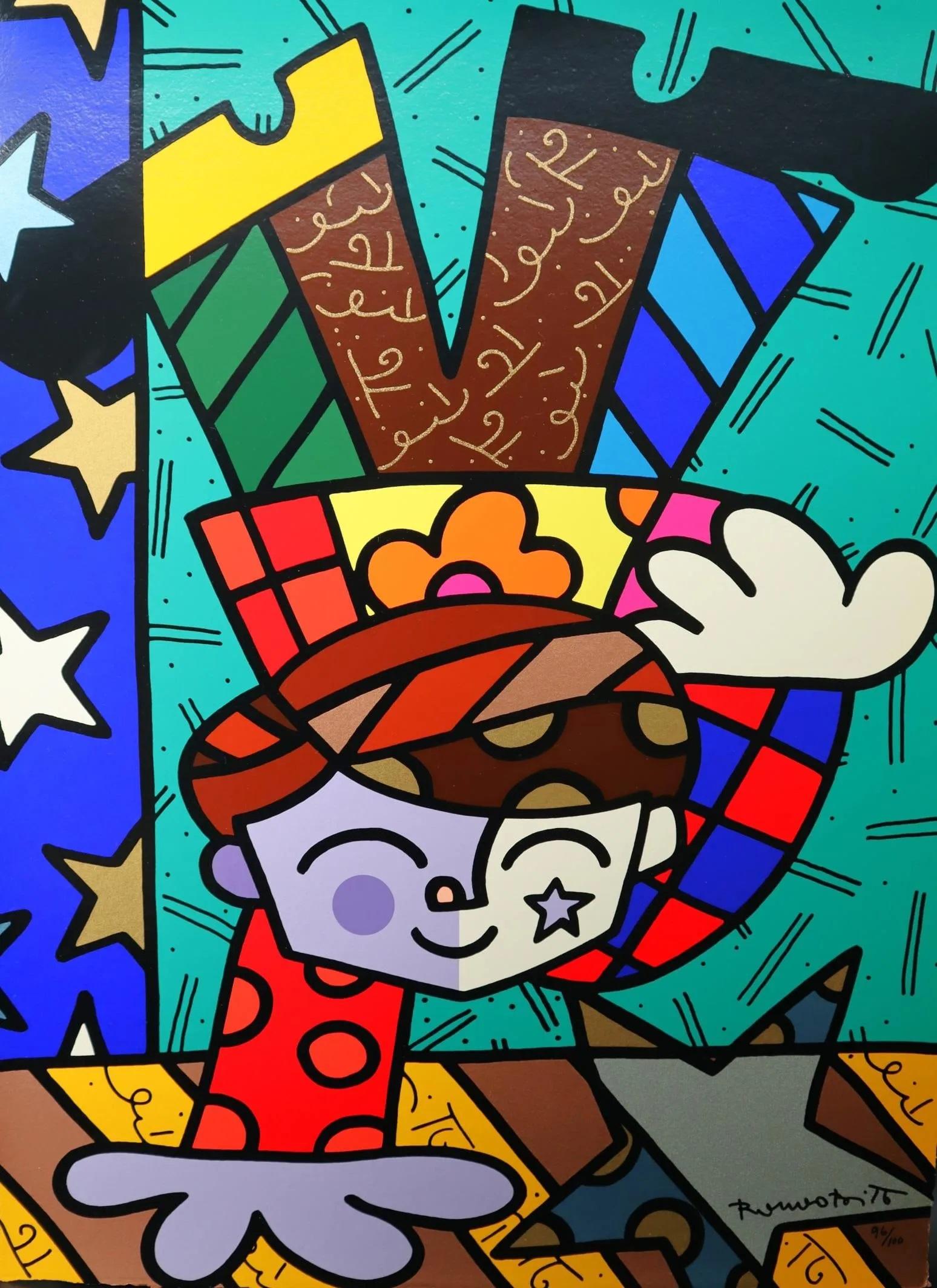 Romero Britto
"Upsidedown Too".
Screenprint on paper
Signed lower left R. Britto & numbered 96/100.
Approx: 24" x 18" in.

Condition: In excellent condition

Romero Britto Brazilian Artist: Britto's work captures the attention of both youthful