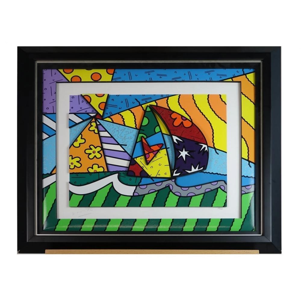 Romero Britto, americano/biziliano (nato nel 1963)
Costruzione Giclee a colori con ritagli in serigrafia
Titolo: Vela 2008
Edizione: 413/750 sul margine inferiore.
Timbro a secco di Britto in basso a sinistra.
Misure 16,5 x 20
La cornice misura 29,5