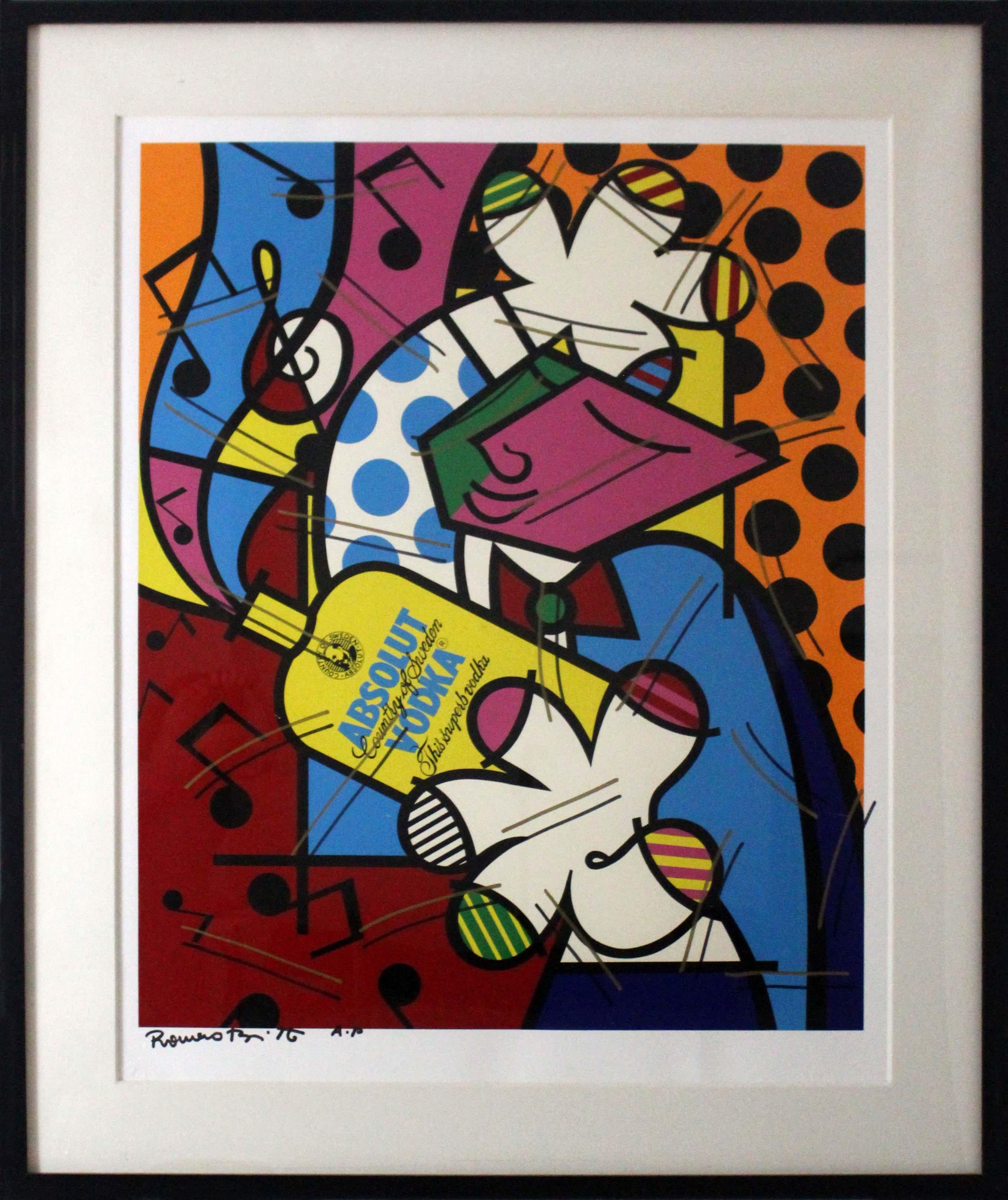 An iconic cubist pop-art serigraph titled Absolut Vodka by internationally known artist Romero Britto. Hand-signed on the bottom left, with an AP annotation, and an official Romero Britto embossed seal. This lot also includes the painted Absolut