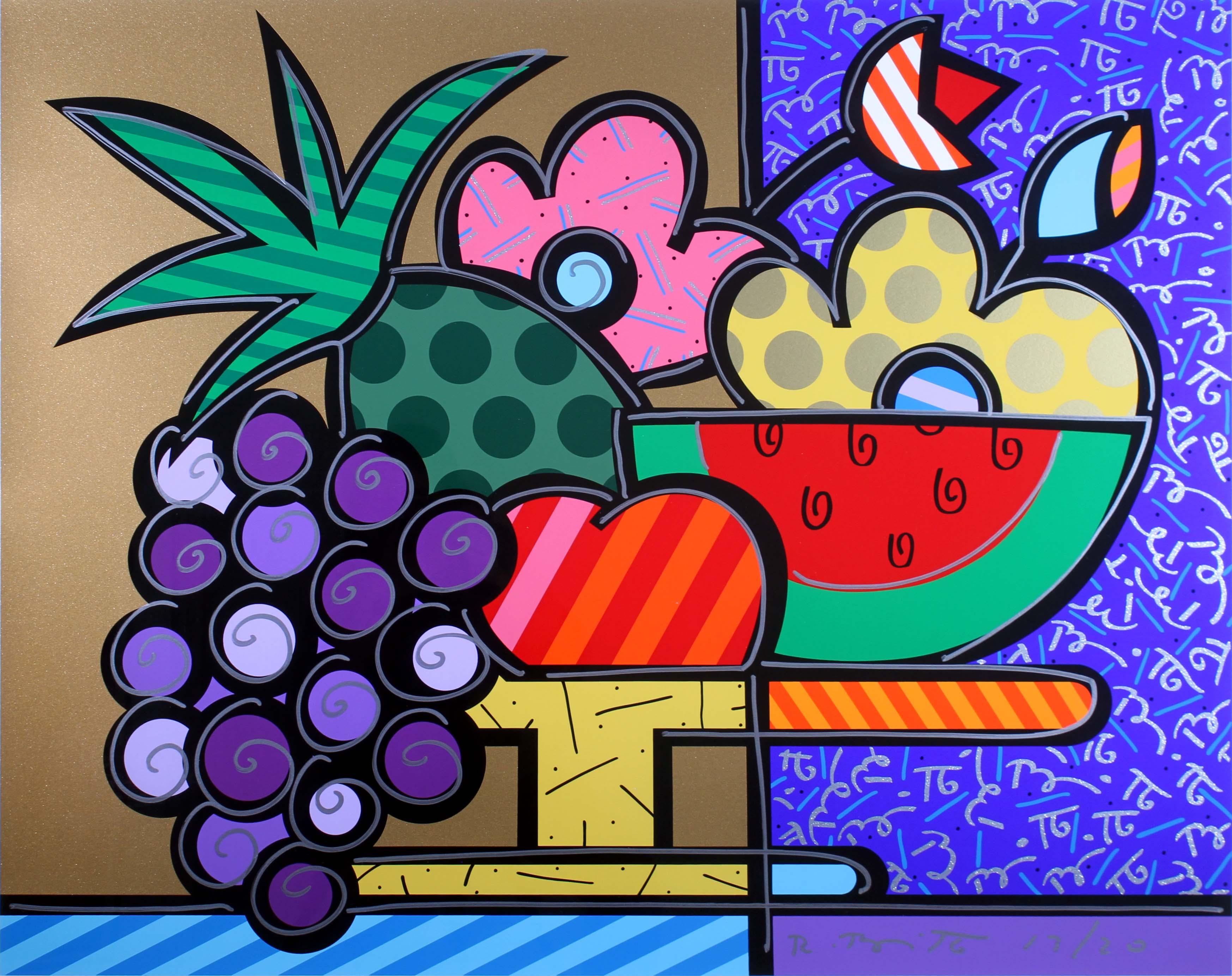 A contemporary pop-cubist serigraph with drawing embellishments on paper titled “Brazil” by internationally acclaimed artist Romero Britto. Hand signed in silver marker on the bottom right with an annotation of 13/20. Published in 1996. The fruit