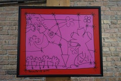 Romero Britto Original Painting on Canvas in Pink, Red and Black dated 1991