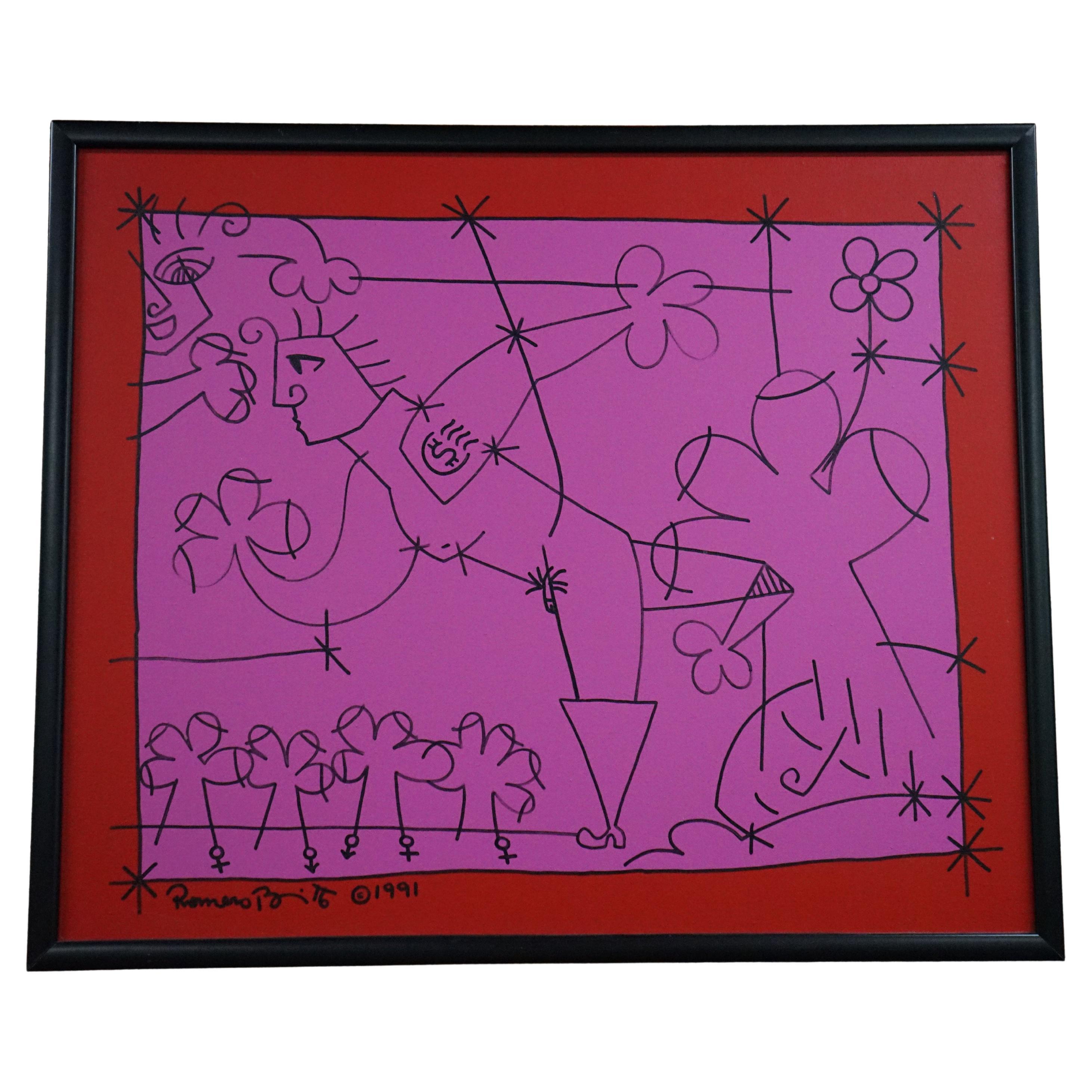 Romero Britto Original Painting on Canvas in Pink, Red and Black dated 1991 For Sale