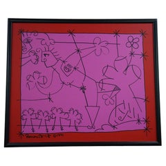 Romero Britto Original Painting on Canvas in Pink, Red and Black dated 1991