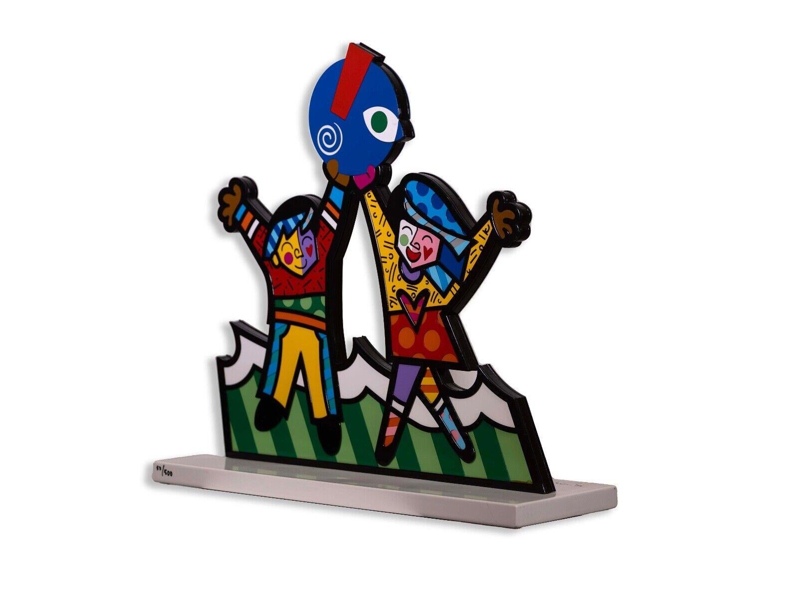 A joyful pop art, cubist, mixed-media sculpture by Miami artist Romero Britto. Created as a prototype for the Miami Children's Museum in 2006. Sculpture is hand signed on base with an annotation of 57/500. Romero Britto is known for many public