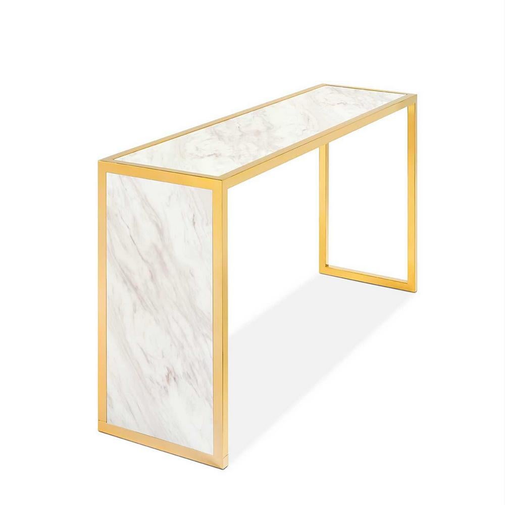 Console Romero white marble with polished steel
structure in gold finish and with white marble top and
with straight white marble top plate on the left side.